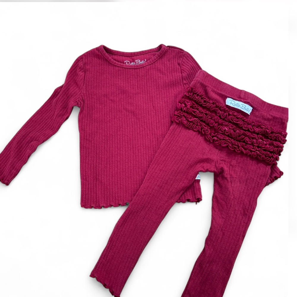 Red RuffleButts ruffle ribbed leggings and top set loungewear pajamas 3t #kids